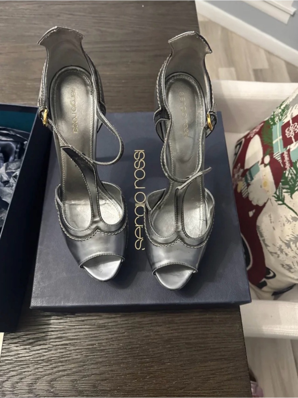 Sergio Rossi Silver T-Strap Peep-Toe Heels